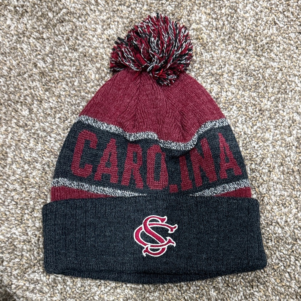 Maroon and Gray Knit Beanie with Pom